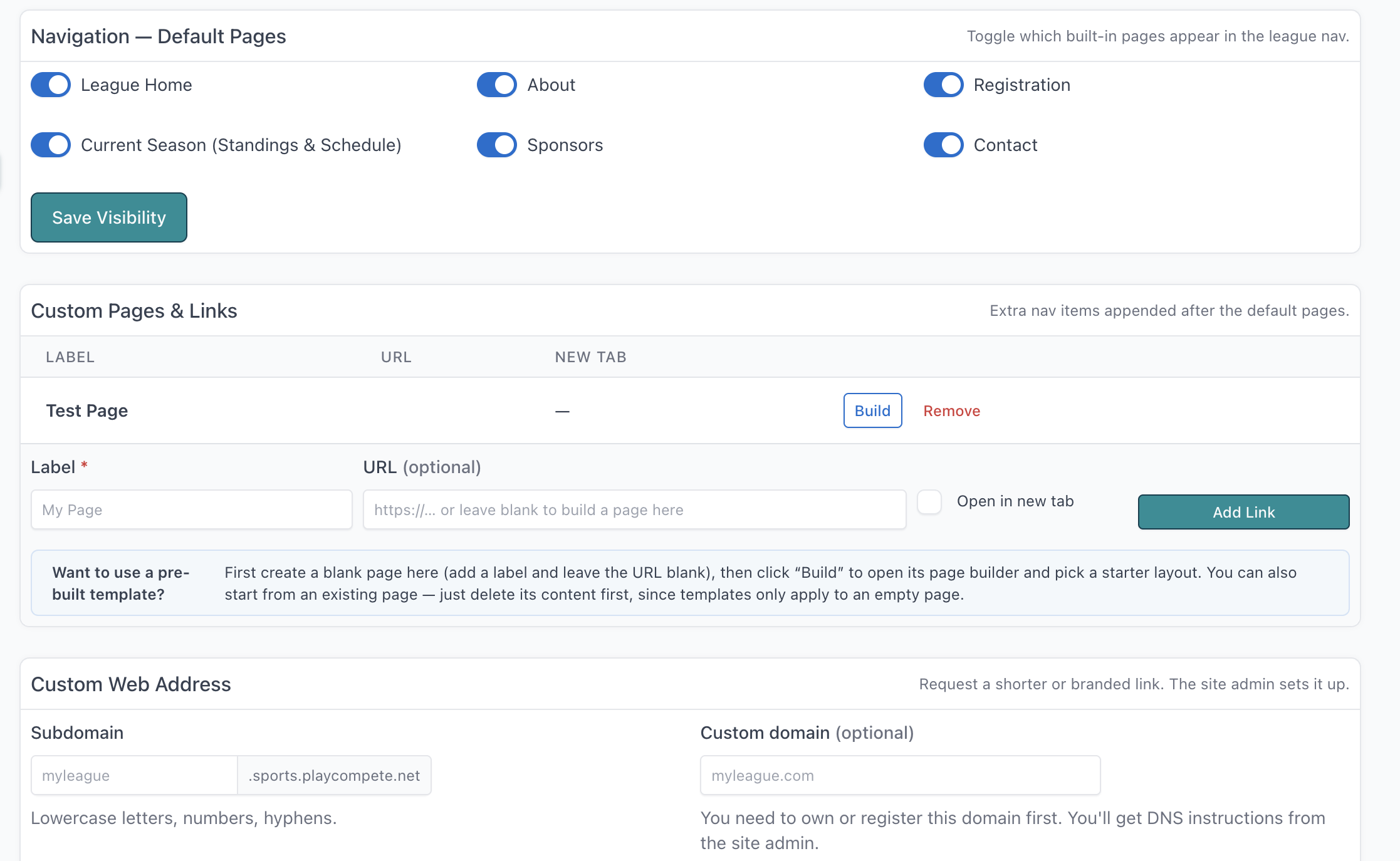 The page builder, arranging rows and blocks on a league page